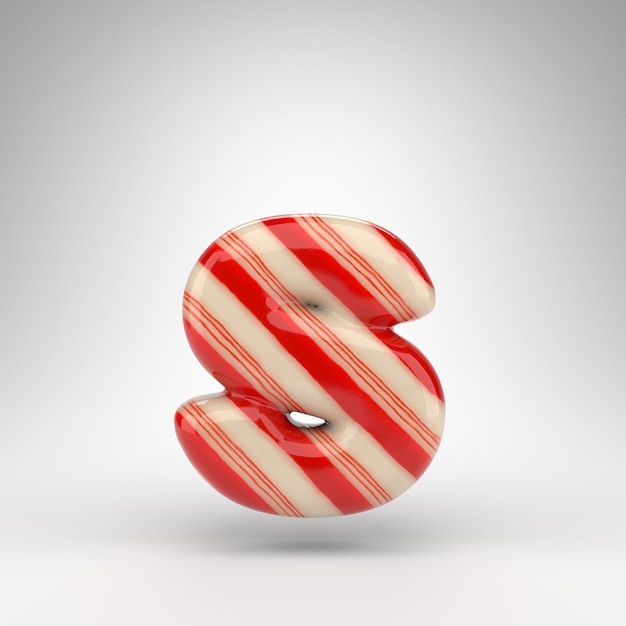 Letter S lowercase on white background. Candy cane 3D rendered font with red and white lines.