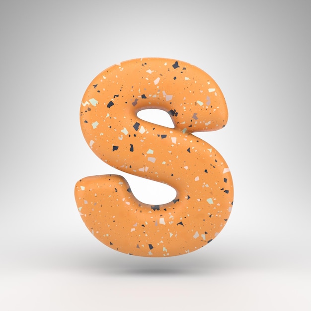 Letter S uppercase on white background. 3D rendered font with orange terrazzo pattern texture.