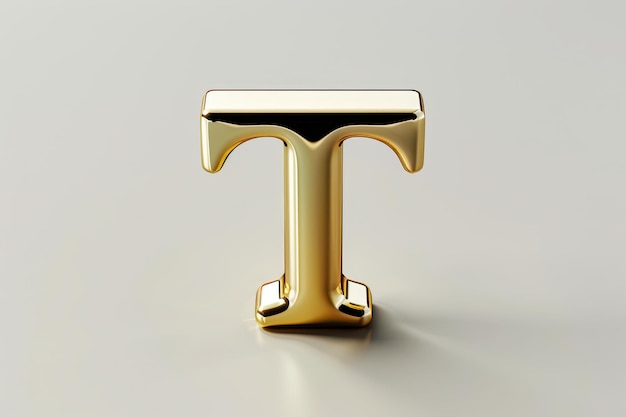 The letter T is made of gold and is sitting on a white surface