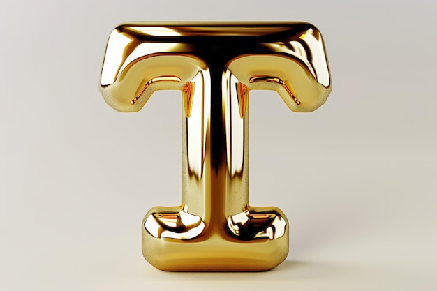 The letter T is made of gold and is sitting on a white surface