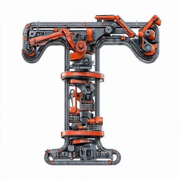 the letter T made out of modern robotic arms production arms and conveyer belts on a white backgroun