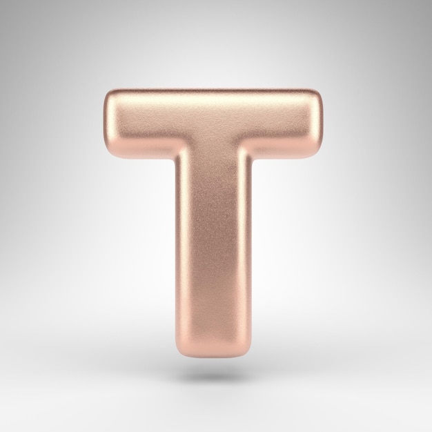 Photo letter t uppercase on white background. matte copper 3d rendered font with shiny metallic texture.