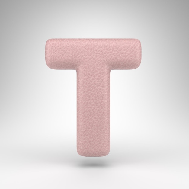 Letter T uppercase on white background. Pink leather 3D rendered font with skin texture.