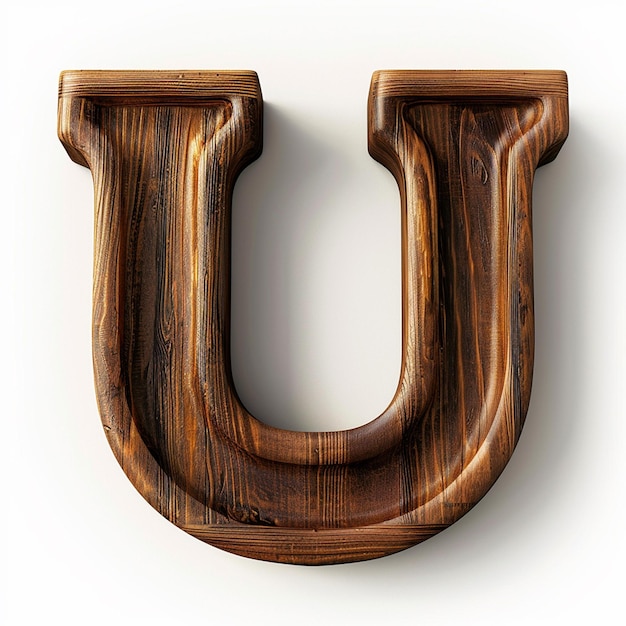 Letter U English font Bold wooden color 3D white background typography