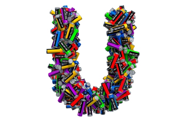 Photo letter u from colored aa batteries 3d rendering