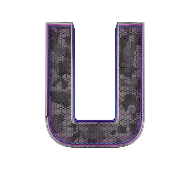 Letter U Metallic futuristic font with blue neon lights 3d render