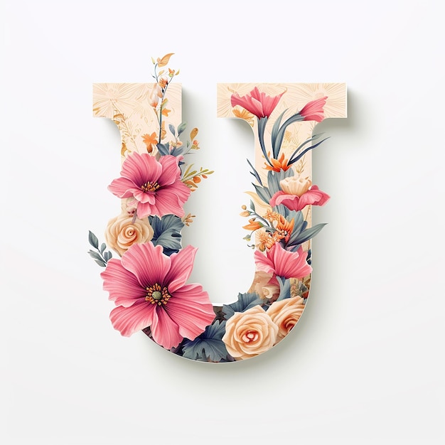 letter U with floral alphabet design on white isolated background