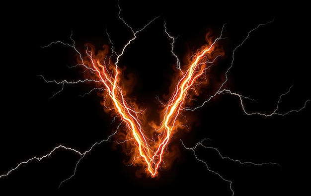 letter V in electric lightning bolts fiery center dark background dynamic energy power concept