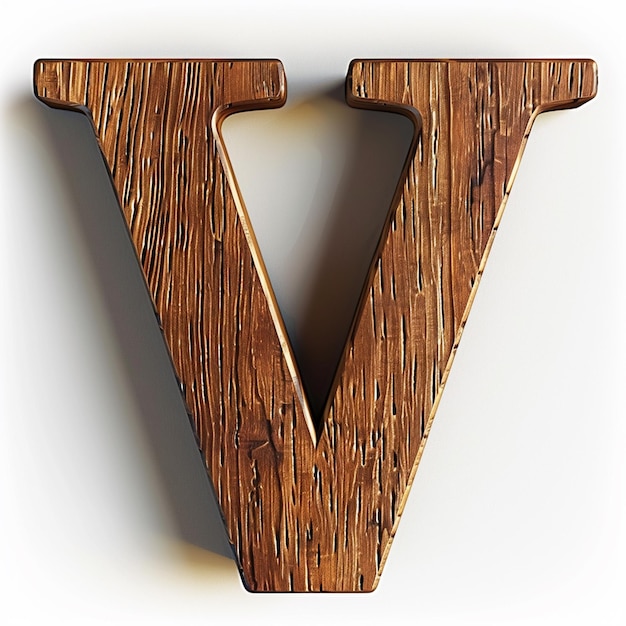 Letter V English font Bold wooden color 3D white background typography