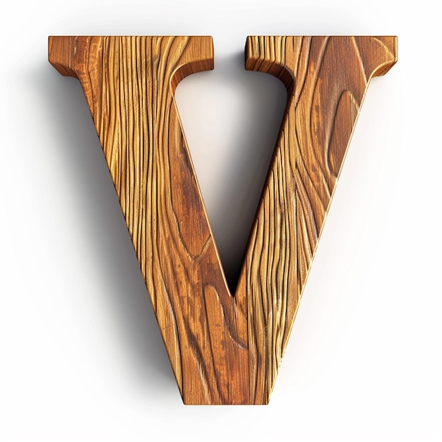 Letter V English font Bold wooden color 3D white background typography