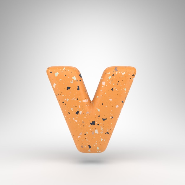 Letter V lowercase on white background. 3D rendered font with orange terrazzo pattern texture.