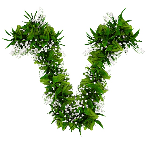 Letter V made of flowers and grass isolated on white. 3d illustration.