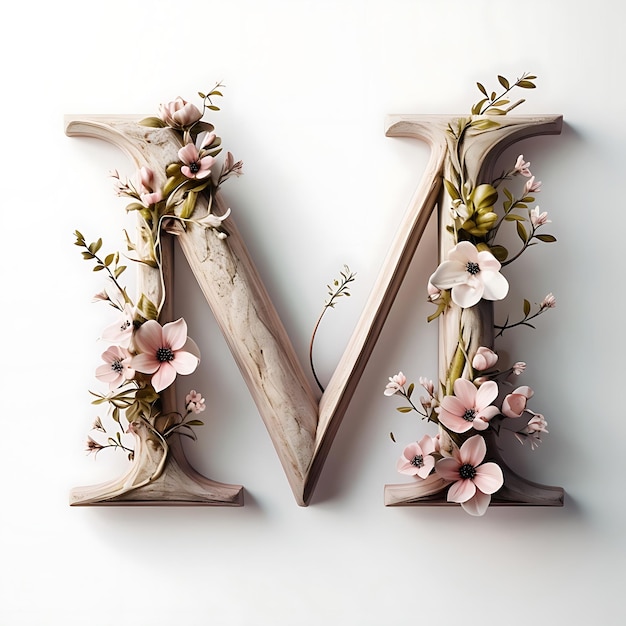 a letter v made out of wood with flowers