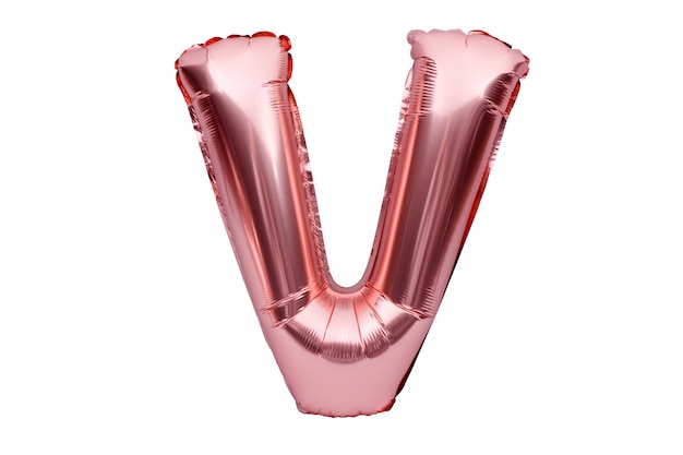 Letter V made of rose golden inflatable helium balloon isolated on white. Gold pink foil balloon font part of full alphabet set of upper case letters.