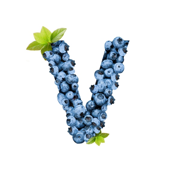 Letter V, made with fresh blueberries isolated on white. Bluberries font of full alphabet set of upper case letters.