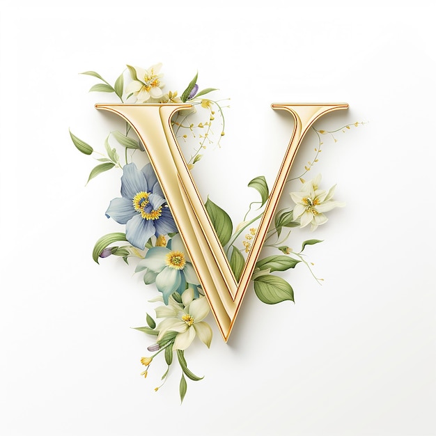 Letter V with gold floral logo design on a white background and gold composition