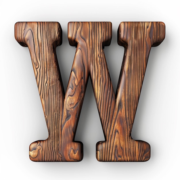 Letter W English font Bold wooden color 3D white background typography