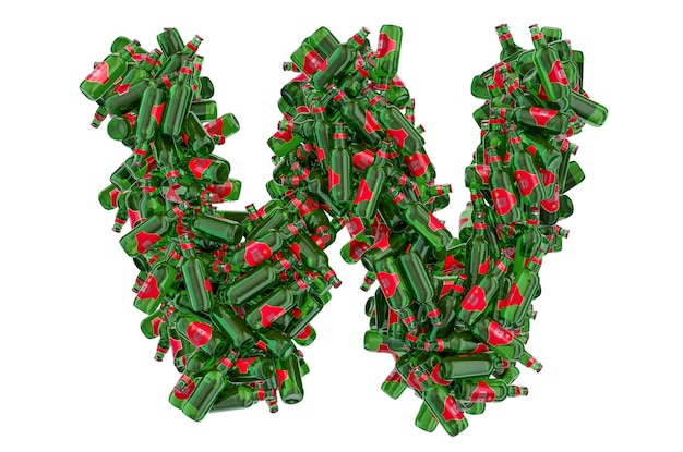 Letter W from green glass beer bottles 3D rendering