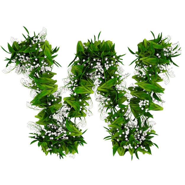 Letter W made of flowers and grass isolated on white. 3d illustration.