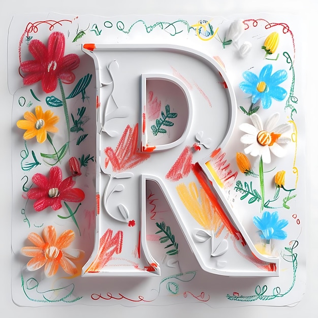 Photo a letter in a white frame with flowers and the word quot r quot on it