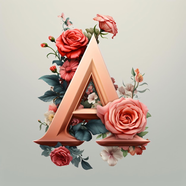 Letter A with flowers and leaves 3d illustration Floral font