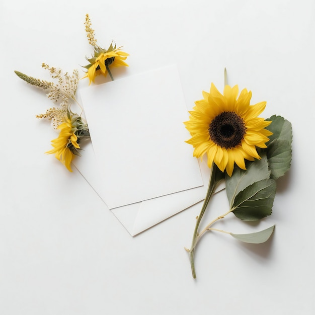 A letter with a yellow sunflower on it and a white envelope with a card on it.