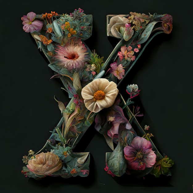 Photo a letter x is made of flowers and leaves.