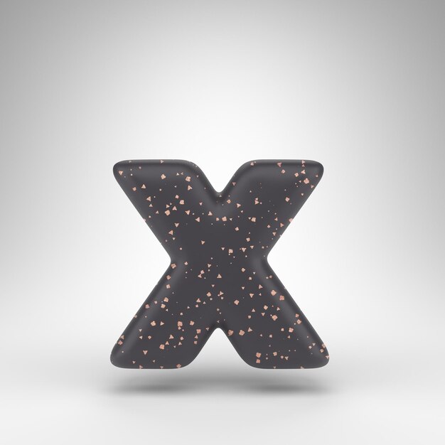 Letter X lowercase on white background. Black matte 3D rendered font with copper dots texture.