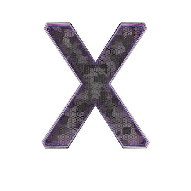 Letter X Metallic futuristic font with blue neon lights 3d render