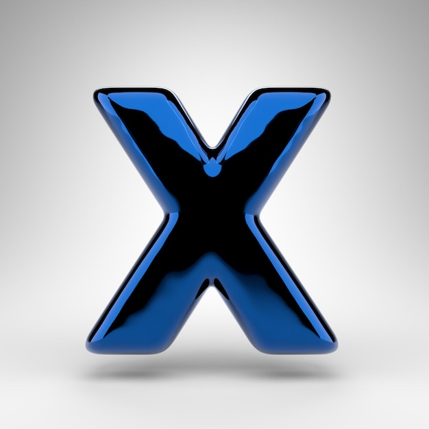 Letter X uppercase on white background. Blue chrome 3D rendered font with glossy surface.