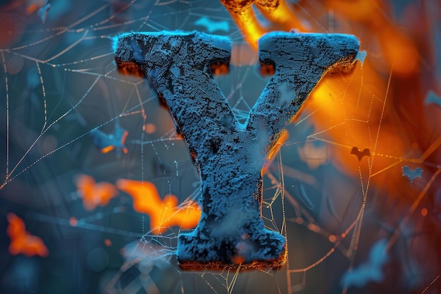 The letter Y is shown in a spider web pattern with a metallic finish