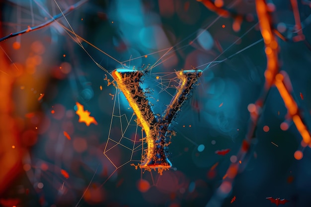 The letter Y is shown in a spider web pattern with a metallic finish