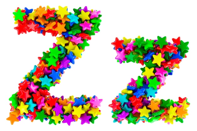 Letter Z from colored stars uppercase and lowercase letters 3D rendering