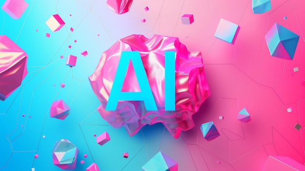 Photo the letters ai in bold blue stand out on a pink and blue geometric background with 3d shapes represe