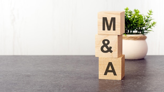 Letters of the alphabet of M and A on wooden cubes green plant on a white background