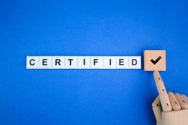 letters of the alphabet with the word CERTIFIED and its icon. Standard certification, accurate