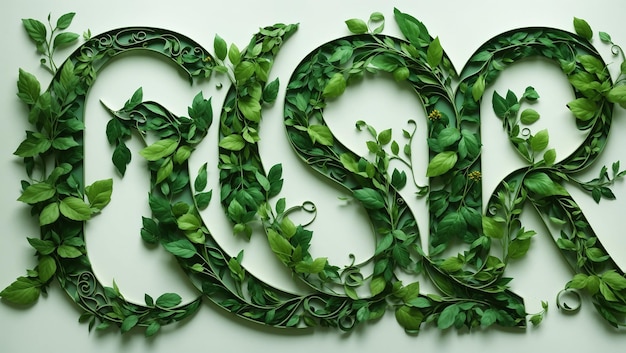 letters GSR made out of green leaves with vines growing around them on a white background