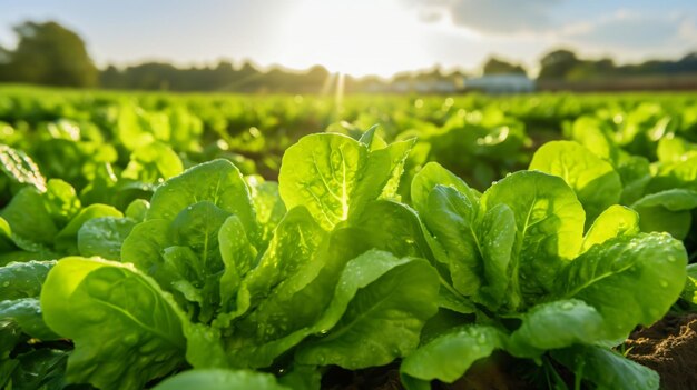 Lettuce field in the sunshine fresh heads of green