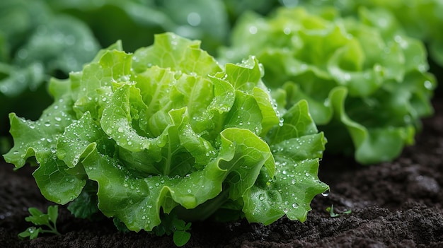 lettuce growing in the soil with water drops