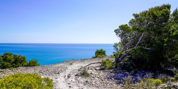 Leucate cliff edge path pathway mediterranean natural coast in french Occitanie south france