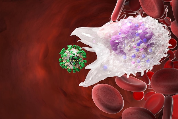 Leukocyte white blood cells inside a human vein. . 3d render.