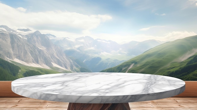 Level marble tabletop with mountain scene establishment Creative resource AI Generated