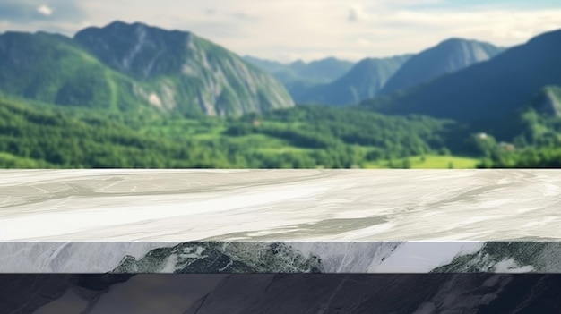 Level marble tabletop with mountain scene foundation picture for thing appear mockup Creative resource AI Generated