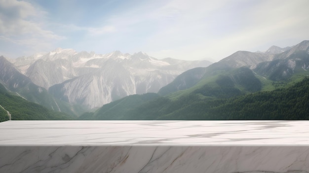 Level marble tabletop with mountain scene foundation picture for thing appear mockup Creative resource AI Generated