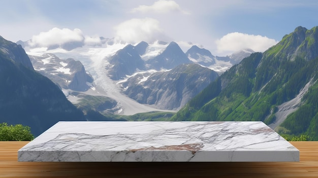 Level marble tabletop with mountain scene foundation picture for thing appear mockup Creative resource AI Generated