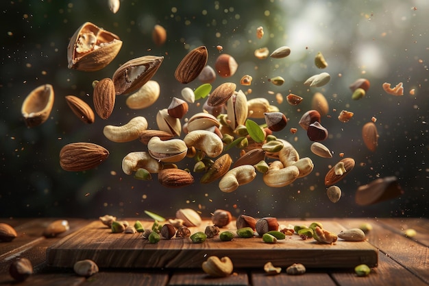 Photo levitating assorted nuts and seeds on a rustic wooden tray illuminated by subtle backlight