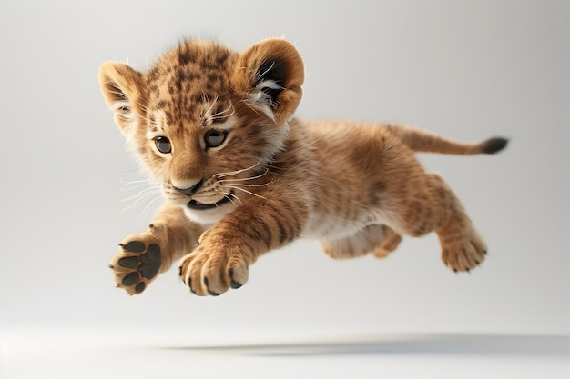 Levitating Baby Lion Cub in Studio Lighting against Plain White Background