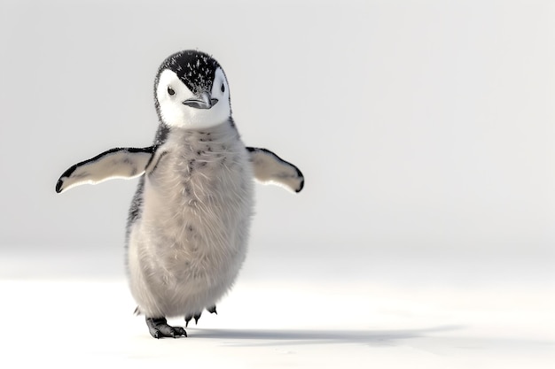 Levitating Baby Penguin Chick in Minimalist Studio Lighting with White Background