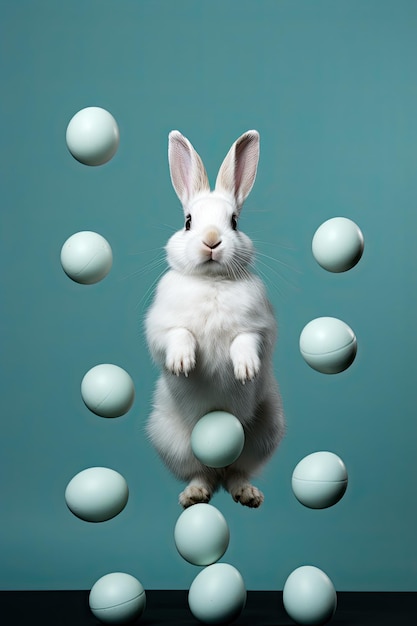 A levitating bunny with Easter eggs on a blue background