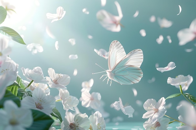 Levitating Butterfly Amid Swirling Pastel Petals and Leaves in Serene Studio Setting